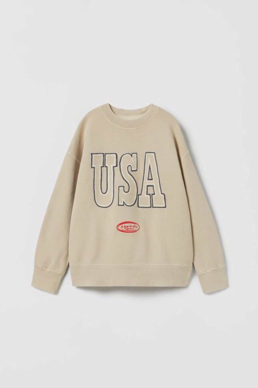 New * Zara Embroidered "Usa" Sweatshirt Light Beige