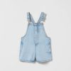 New * Zara Embroidered Daisy Denim Overall Shorts Blue