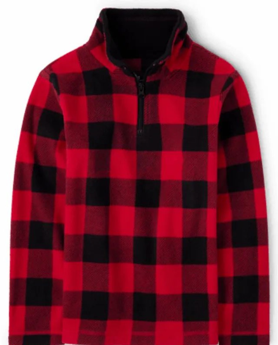 Best * The Children'S Place Uni Kids Matching Family Buffalo Plaid Glacier Fleece Half Zip Pullover Classicred