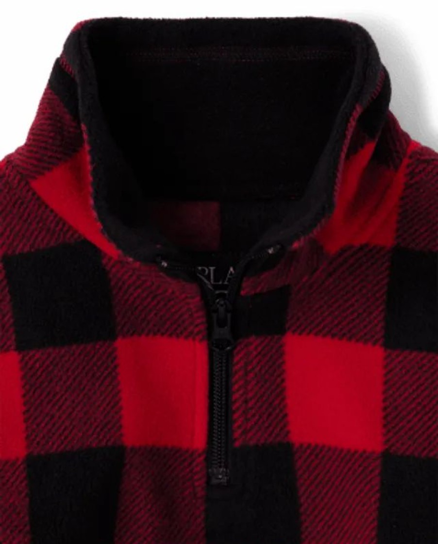 Best * The Children'S Place Uni Kids Matching Family Buffalo Plaid Glacier Fleece Half Zip Pullover Classicred