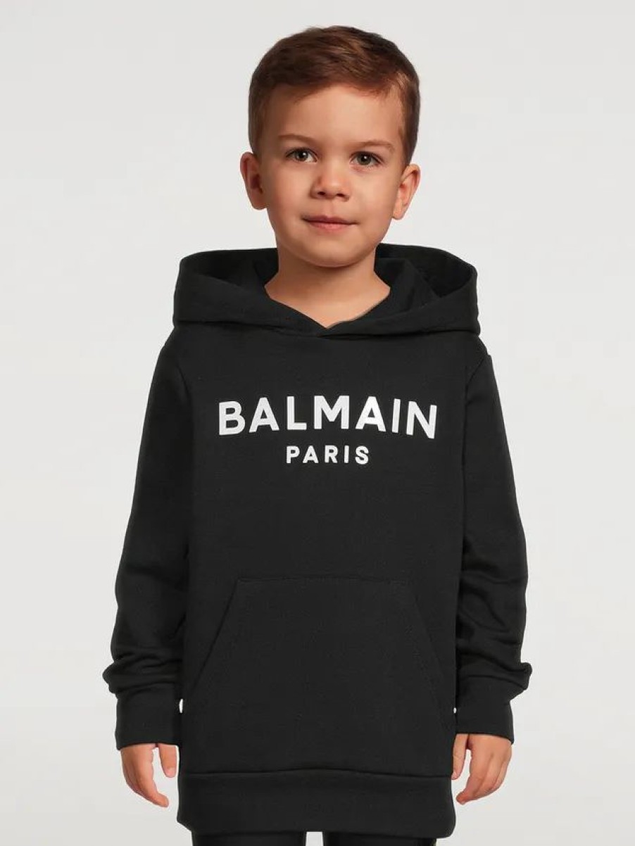 Hot * Balmain Kids Cotton-Blend Flock Logo Hoodie Black, White