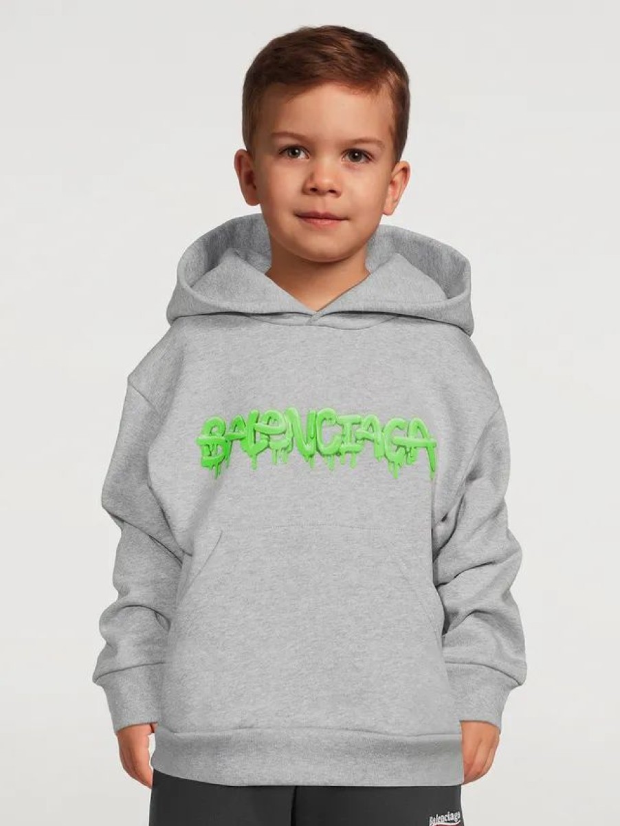 New * Balenciaga Kids Cotton Hoodie With Slime Logo Grey, Green