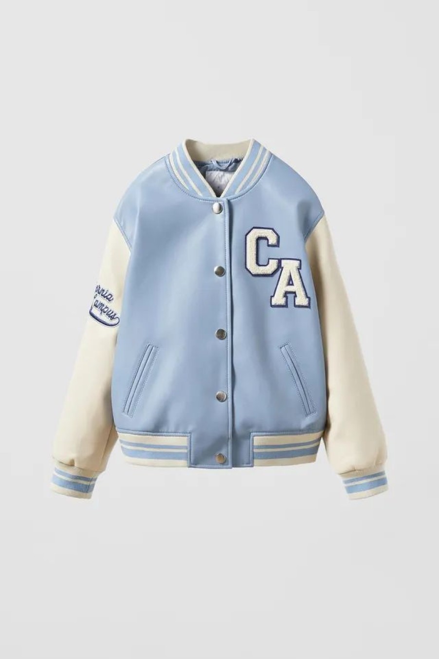 New * Zara Faux Leather Varsity Bomber Jacket Light Blue