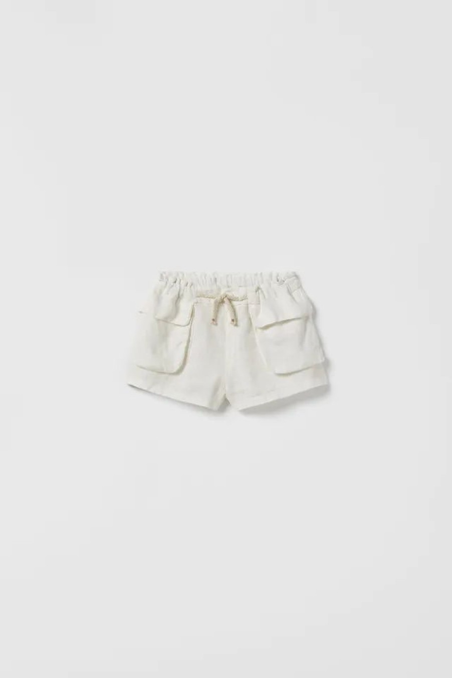 New * Zara Ramie Blend Drawstring Shorts Oyster White