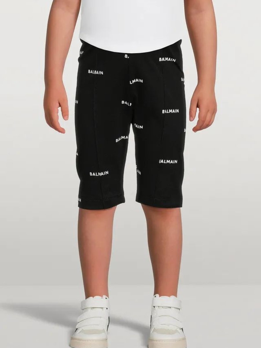 New * Balmain Kids Cotton Bike Shorts In Logo Print Black, White